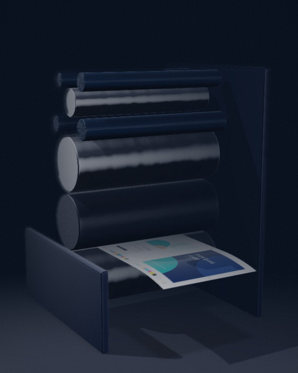 Polished steel and inked rollers of an offset unit, a printed sheet feeding out